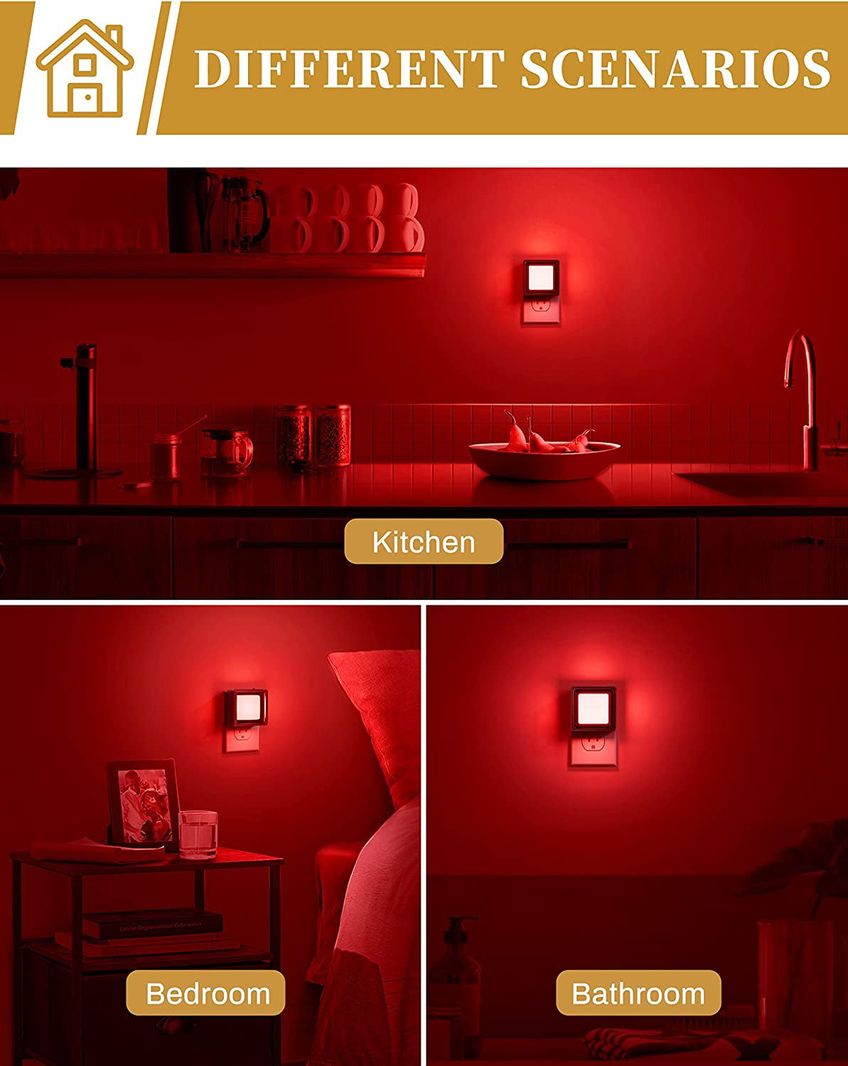 Red Night Light [2 Pack], Night Lights Plug into Wall, Night Light Dusk to Dawn Sensor, LED Nightlight Adjustable Brightness, Bedroom, Bathroom, Hallway, Stairs, Christmas, Party